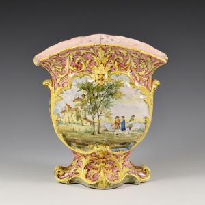 Shaped and flattened vase with landscape decoration - Minghetti Manufactory, late 19th - early 20th century